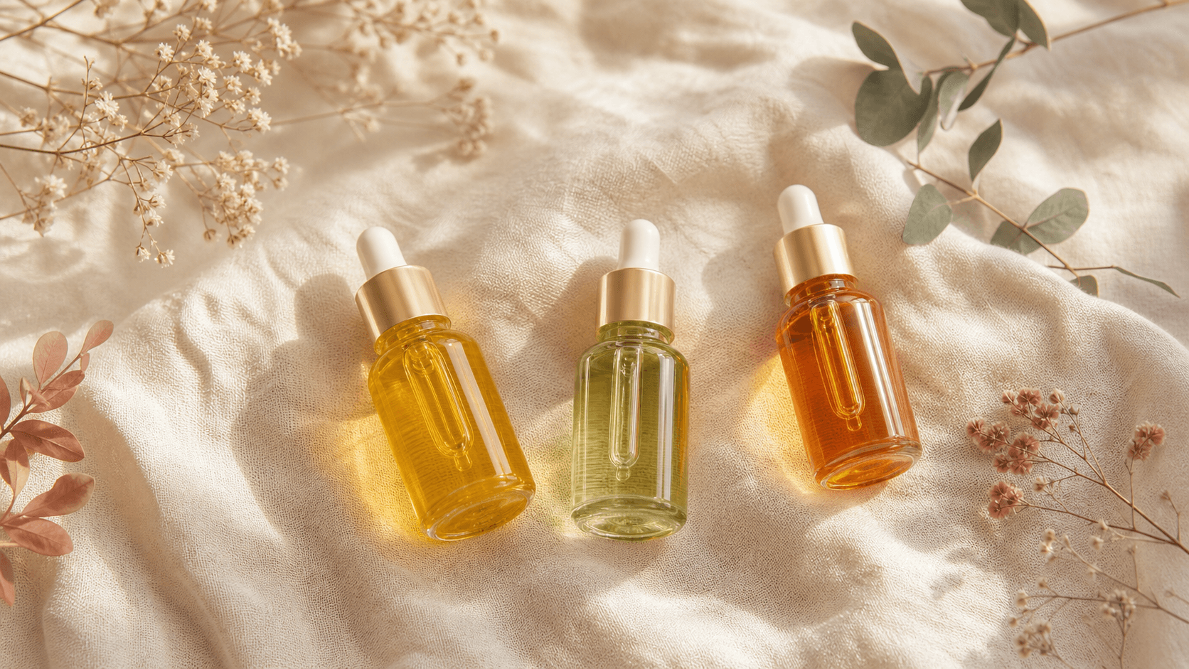 jasclair facial oils for dermaplaning: jojoba, grapeseed and rosehip dropper bottles on cream linen